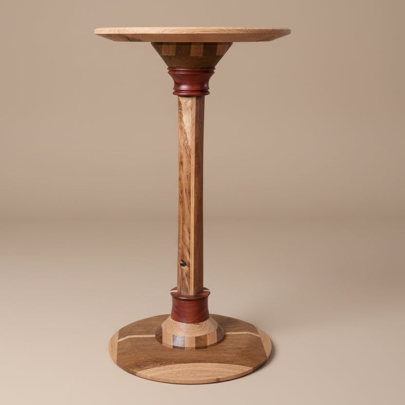 Custom Hand-Jointed Teak & English Oak Beverage Table with Redheart Inlays