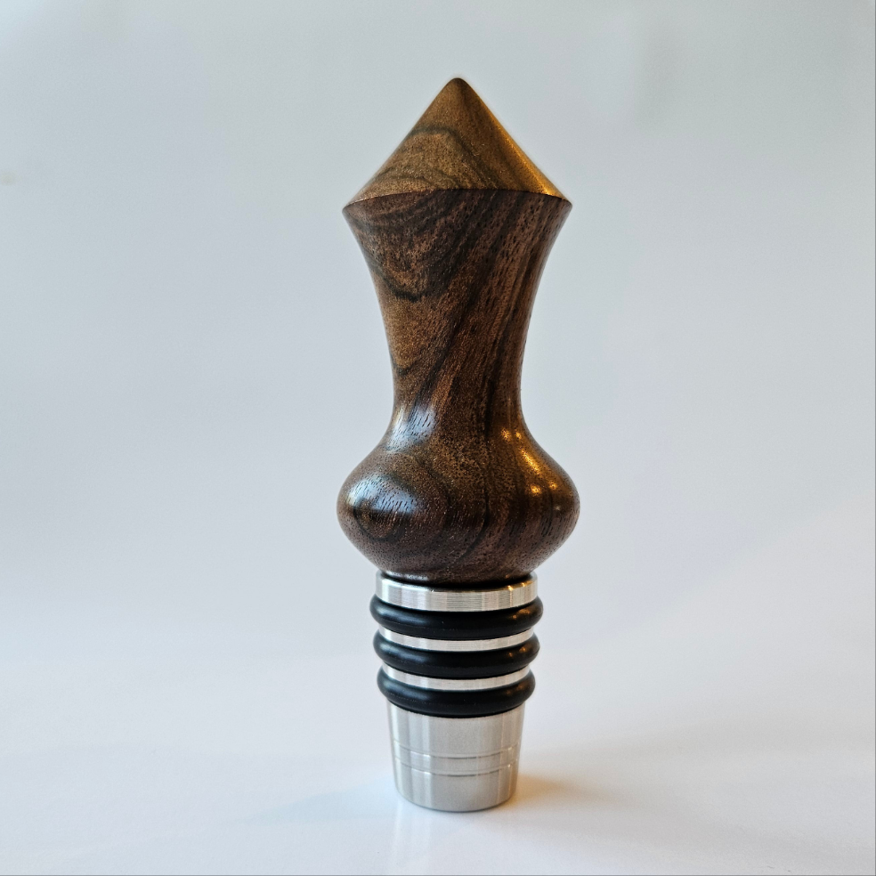 Handmade Walnut Top Shelf Bottle Stopper – with Stainless Steel Base | Made in Chesapeake, VA