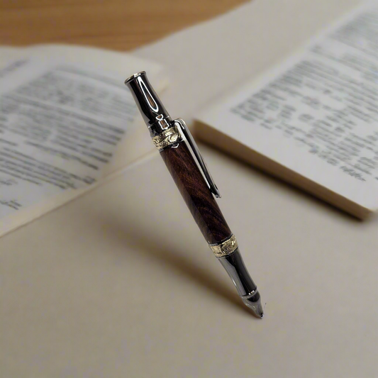 Handmade Monterillo Rosewood Twist Pen with Gunmetal and Golden Accents