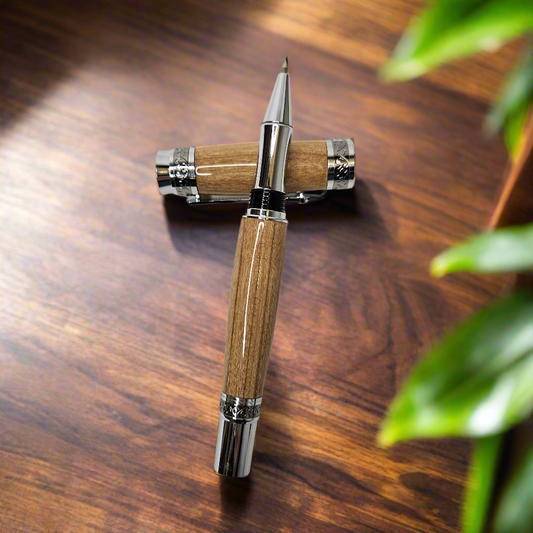 Cherry Wood Rollerball King Pen with Chrome and Black Titanium Hardware