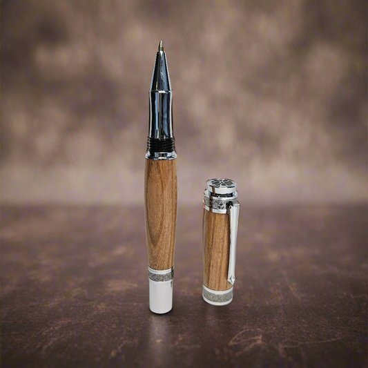 Cherry Wood Rollerball King Pen with Chrome and Black Titanium Hardware