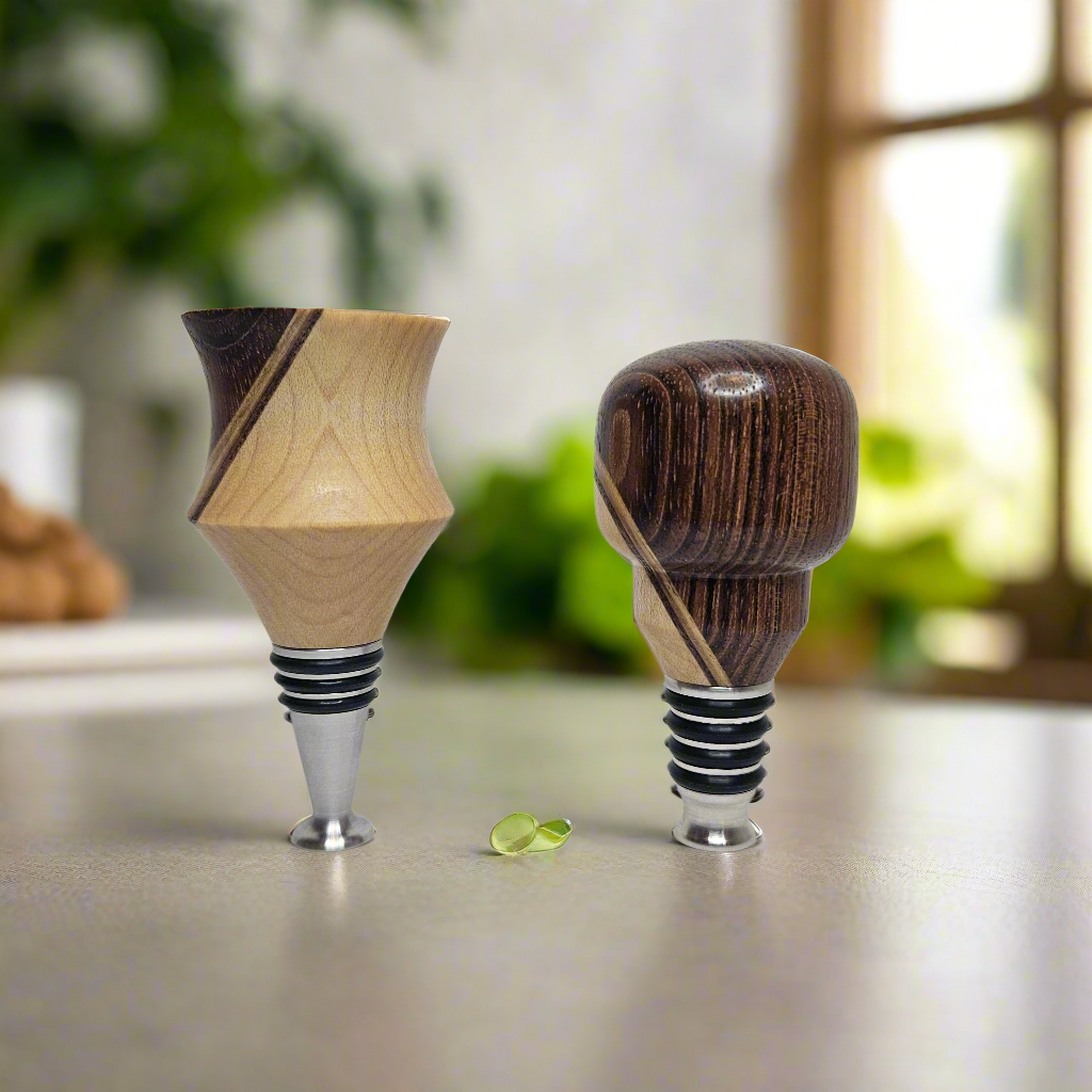 Solid Maple and Brazilian Cherry Hardwood Wine Stopper Set