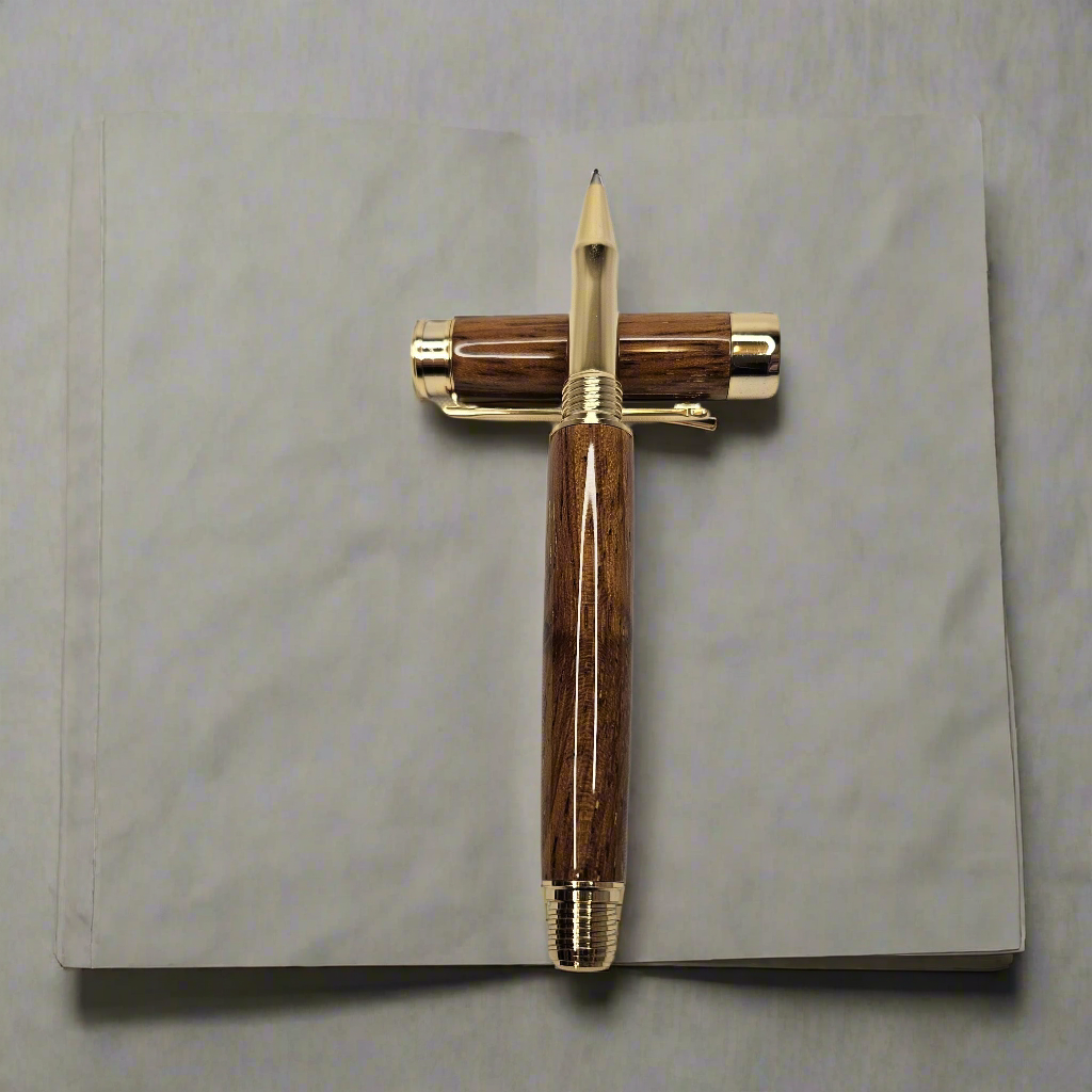 Merbau hardwood handmade rollerball executive pen with golden accents