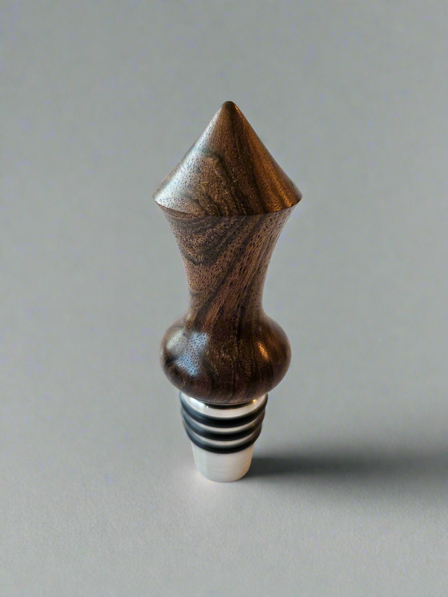Handmade Walnut Top Shelf Bottle Stopper – with Stainless Steel Base | Made in Chesapeake, VA