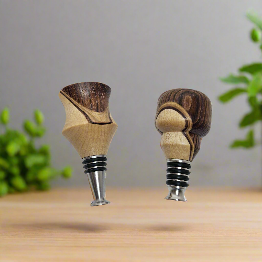 Solid Maple and Brazilian Cherry Hardwood Wine Stopper Set