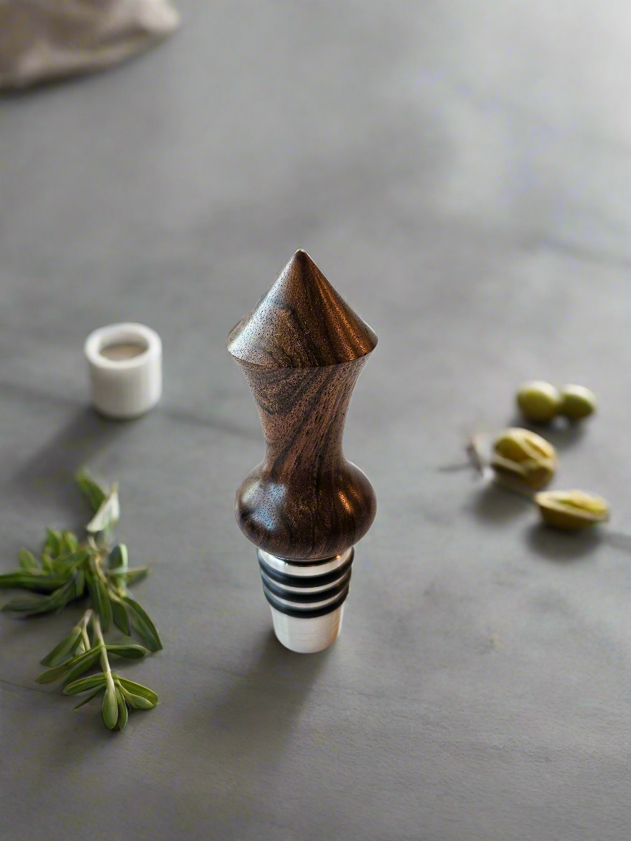 Handmade Walnut Top Shelf Bottle Stopper – with Stainless Steel Base | Made in Chesapeake, VA