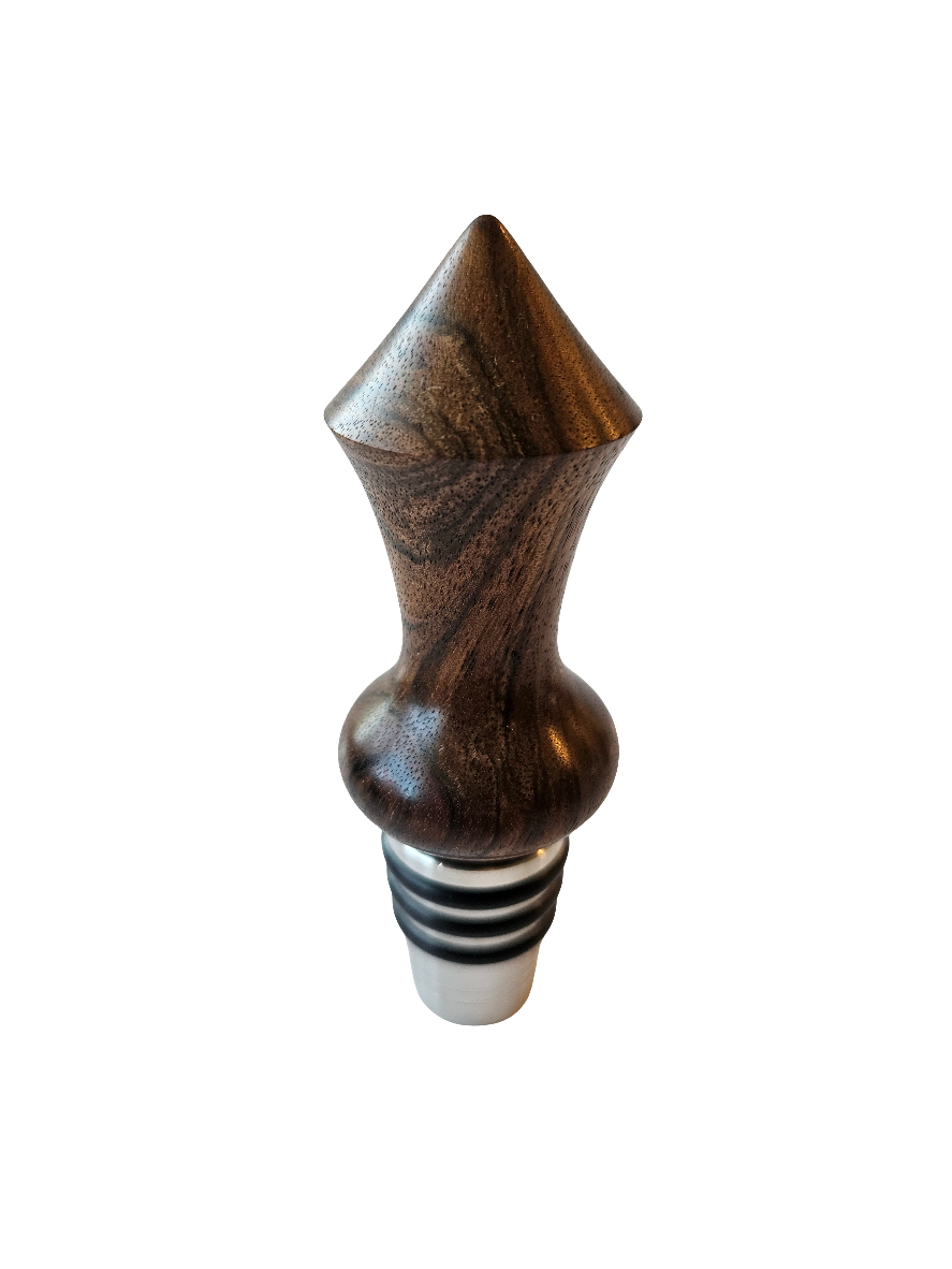 Handmade Walnut Top Shelf Bottle Stopper – with Stainless Steel Base | Made in Chesapeake, VA