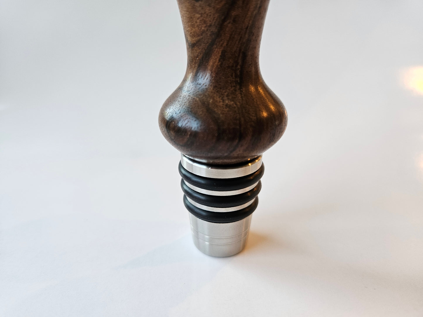 Handmade Walnut Top Shelf Bottle Stopper – with Stainless Steel Base | Made in Chesapeake, VA