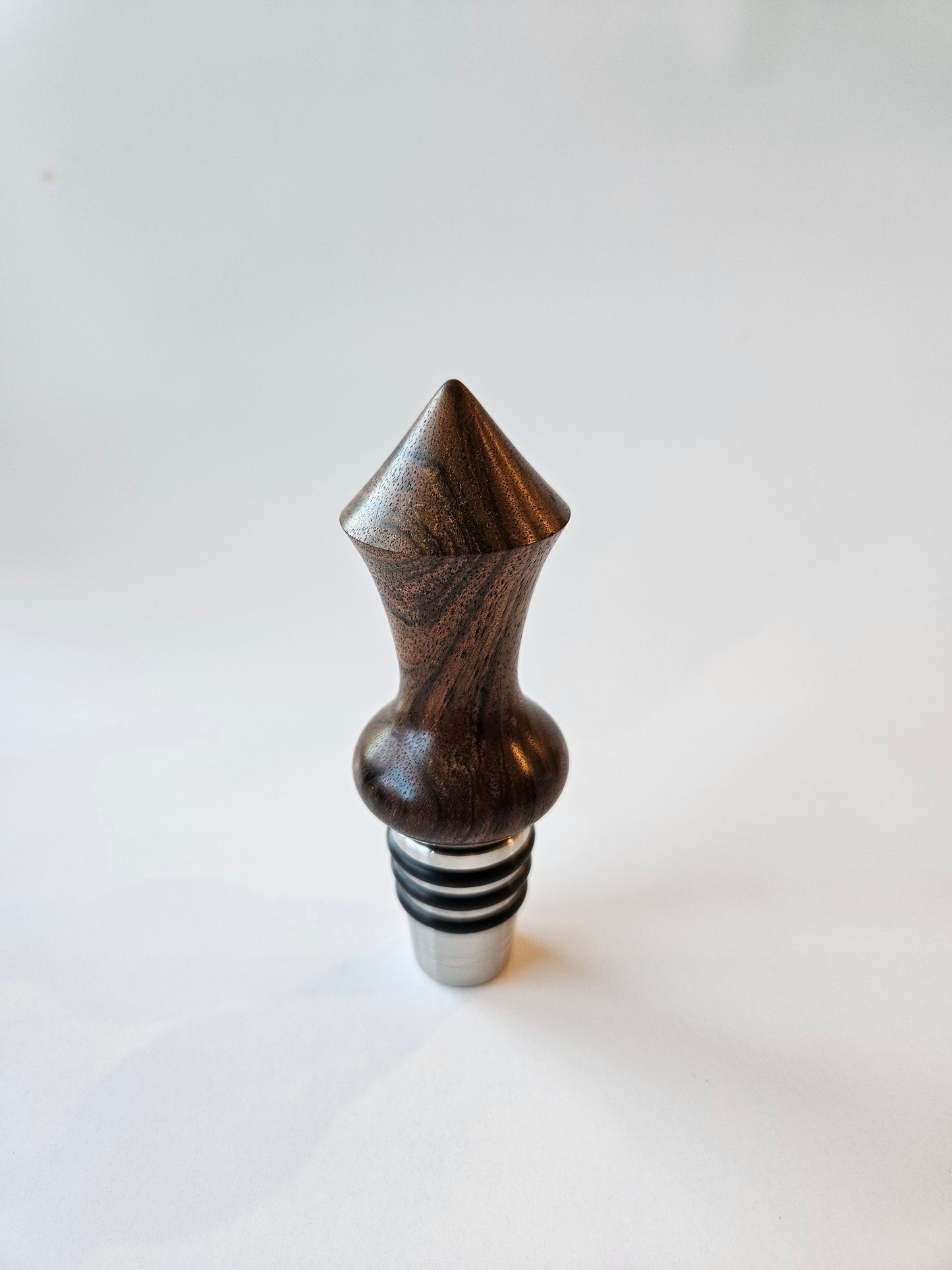 Handmade Walnut Top Shelf Bottle Stopper – with Stainless Steel Base | Made in Chesapeake, VA