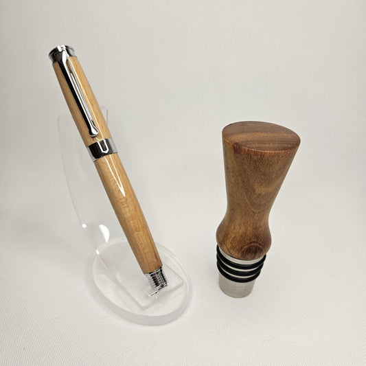 Beech Rollerball Pen & California Cottonwood Whisky Stopper Gift Set - Elegant, Handcrafted Luxury for the Discerning