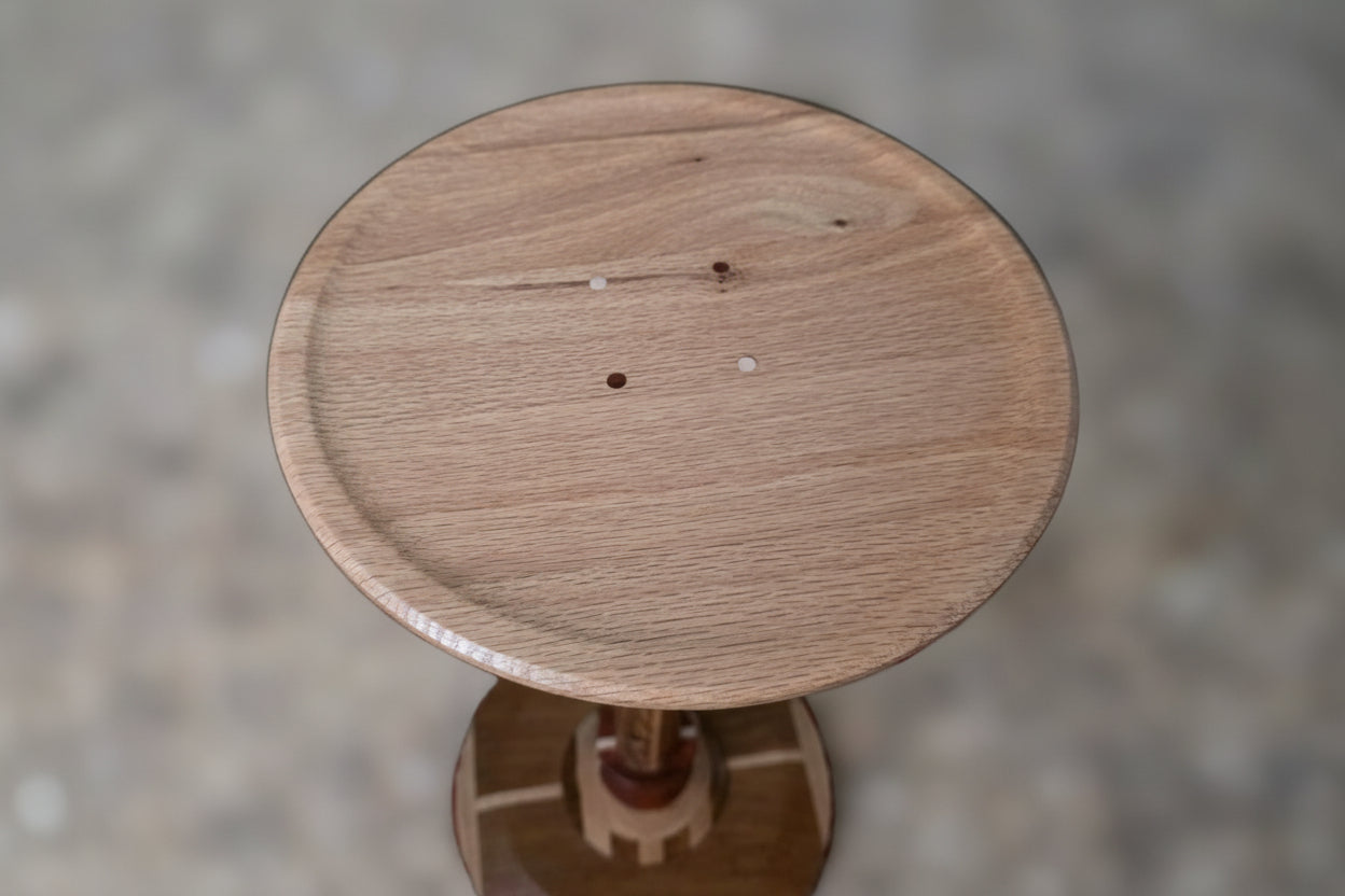 Custom Hand-Jointed Teak & English Oak Beverage Table with Redheart Inlays