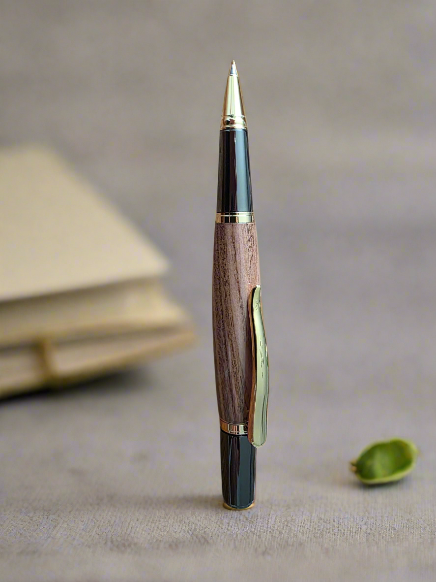 Handcrafted Pistachio Wood Rollerball Pen – Gold & Black Titanium Hardware
