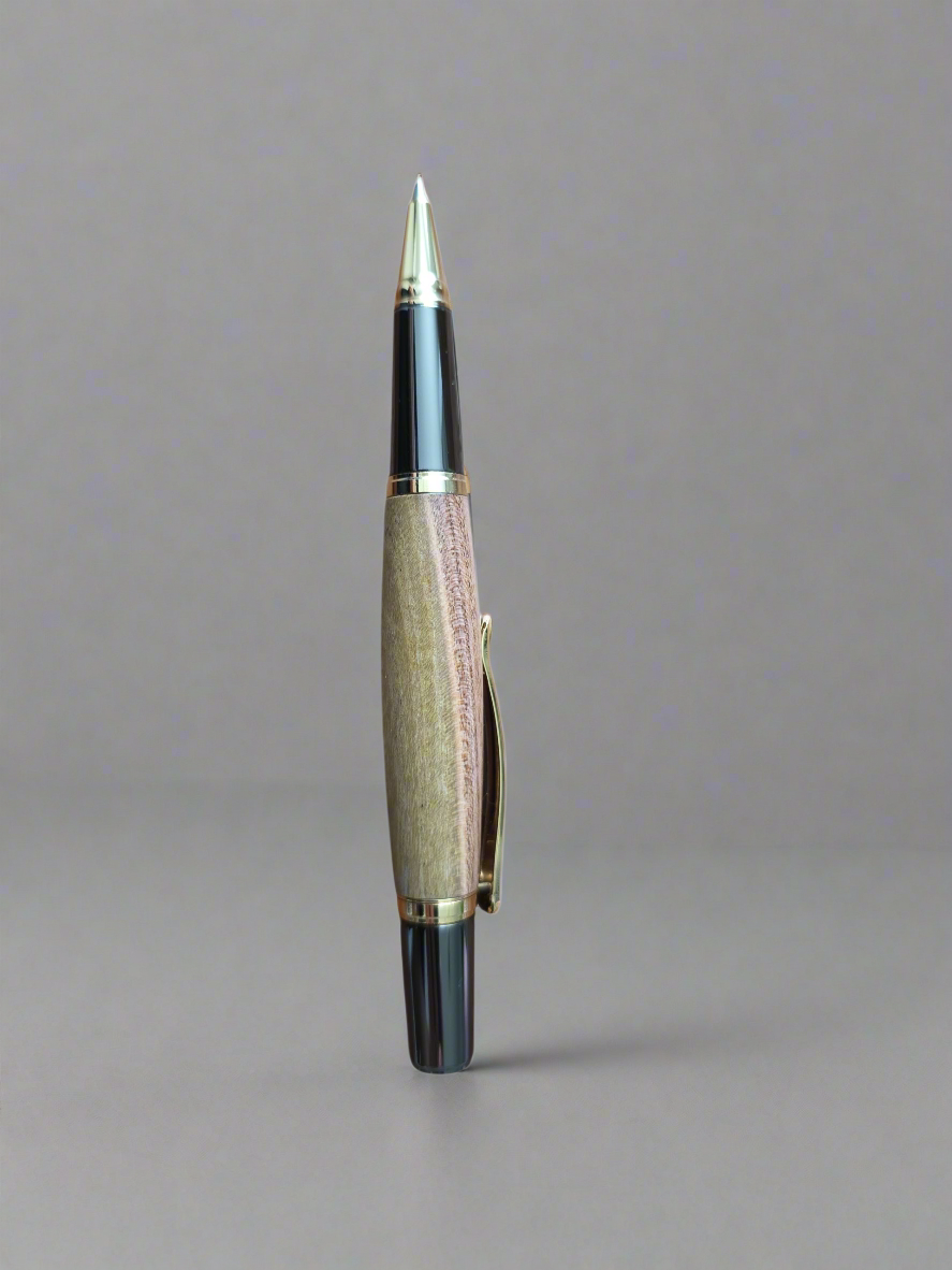 Handcrafted Pistachio Wood Rollerball Pen – Gold & Black Titanium Hardware